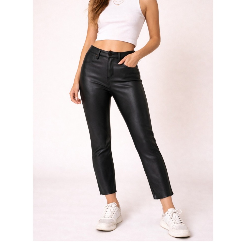 L'AGENCE Jyothi Coated Slim Pants Womens 25 Black High Rise Edgy Seam Detail